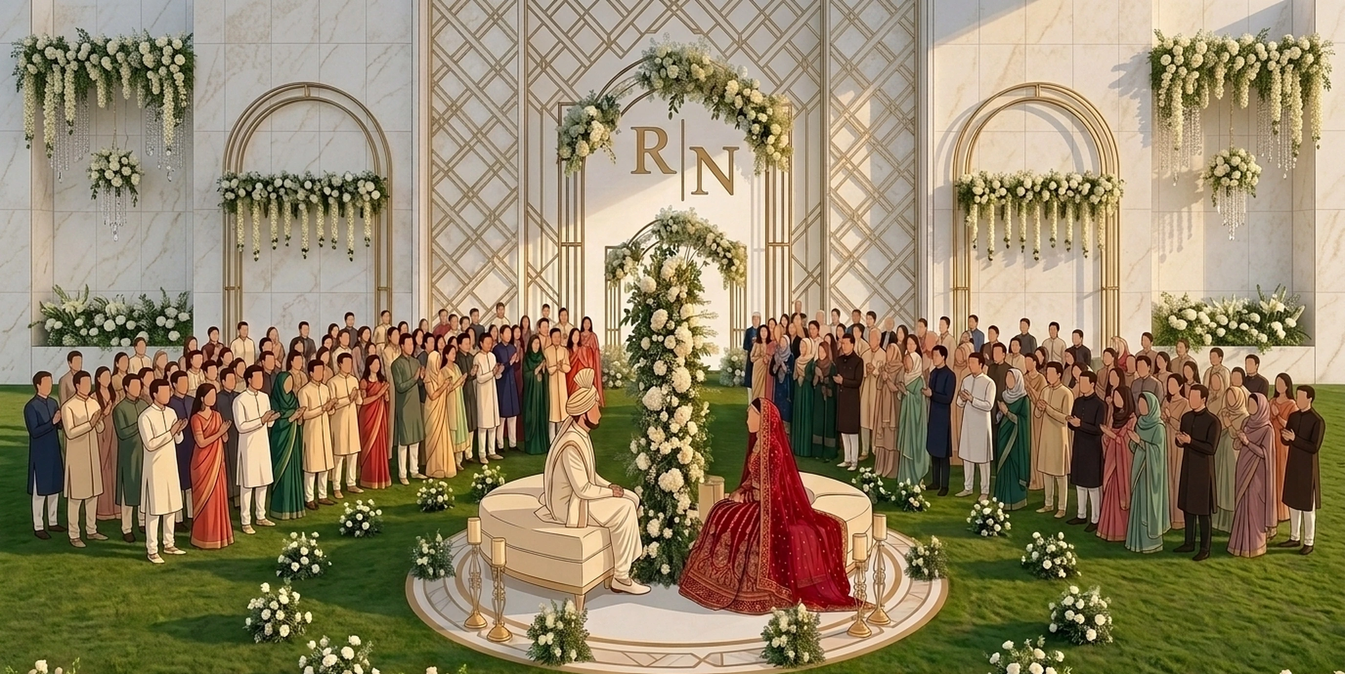 Bride and groom seated beneath a floral arch, surrounded by family and friends clapping